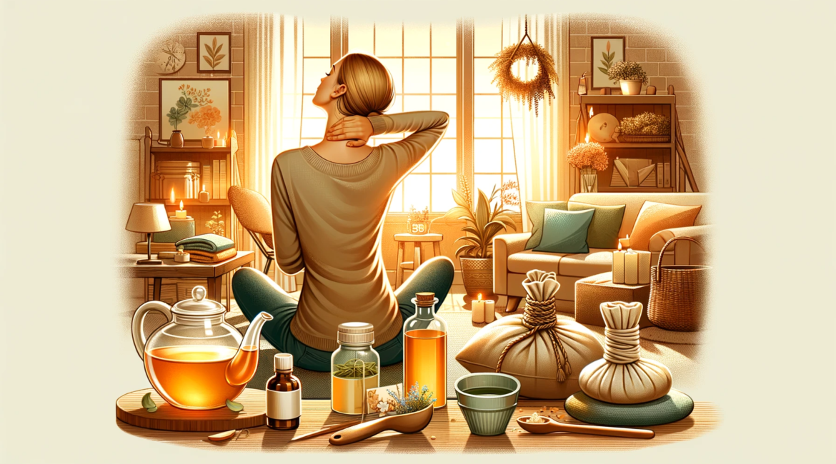 A soothing and informative image depicting home remedies for neck pain. The scene includes a person gently stretching their neck in a comfortable home