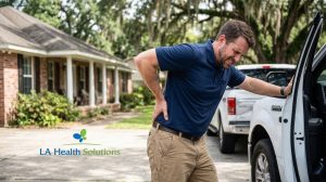 A middle-aged man clutching his lower back in pain while leaning against a vehicle, illustrating common causes of lumbar strain and spinal discomfort treated at LA Health Solutions