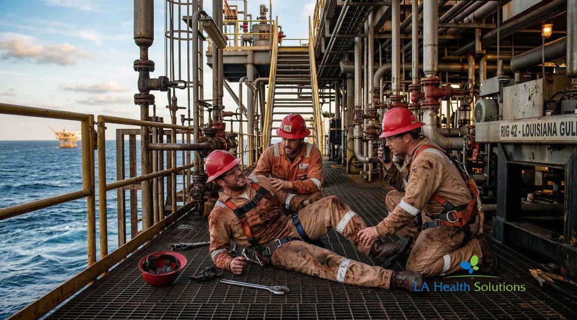 Offshore oil worker injury incident on a Louisiana drilling platform deck, highlighting the need for specialized medical solutions.