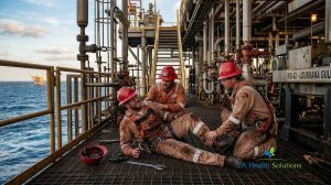 Offshore oil worker injury incident on a Louisiana drilling platform deck, highlighting the need for specialized medical solutions.