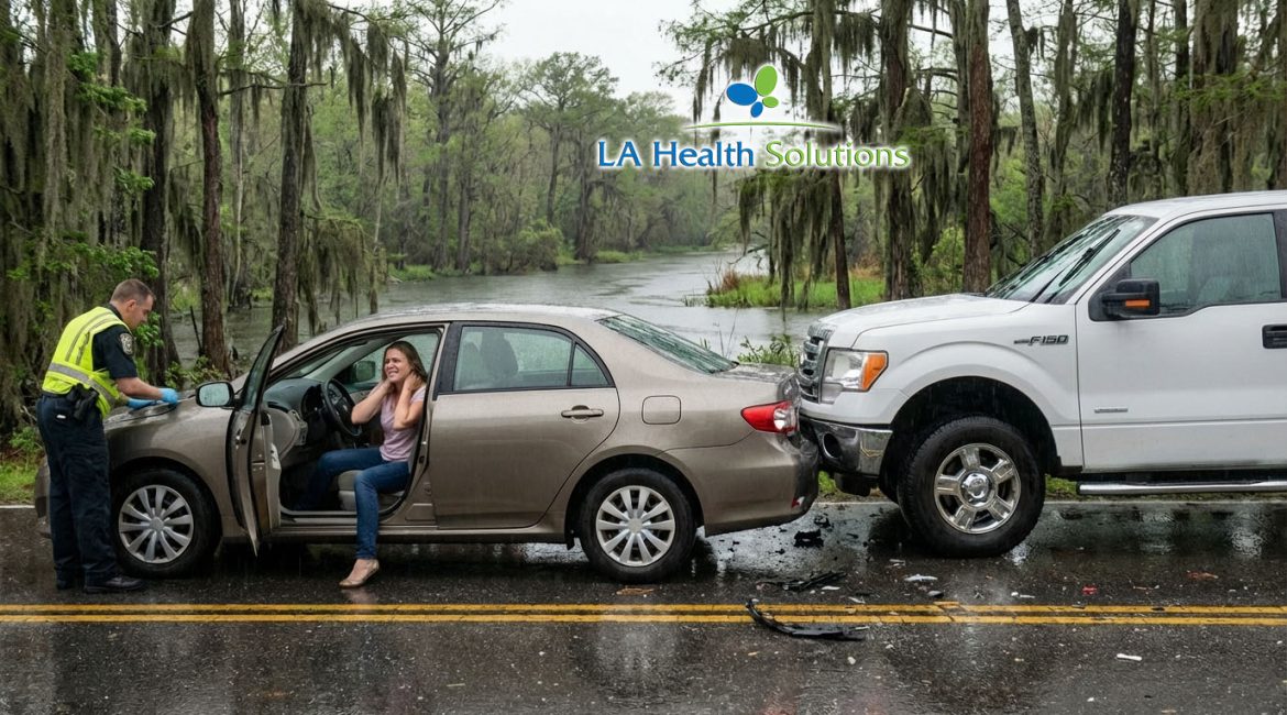 A man experiencing neck pain after a car accident on a South Louisiana road with Spanish moss trees, representing whiplash injury symptoms. Branded for LA Health Solutions chiropractic and accident recovery services.