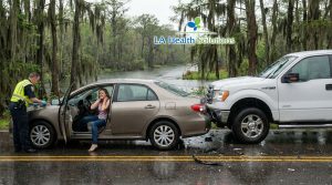 A man experiencing neck pain after a car accident on a South Louisiana road with Spanish moss trees, representing whiplash injury symptoms. Branded for LA Health Solutions chiropractic and accident recovery services.