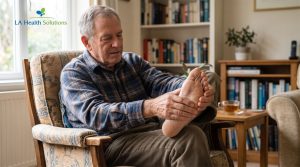 An older man sitting in an armchair holding and rubbing his bare foot due to peripheral neuropathy pain.