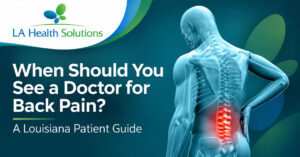 LA Health Solutions patient guide: “When Should You See a Doctor for Back Pain?” beside an anatomical illustration with the lower spine highlighted red.